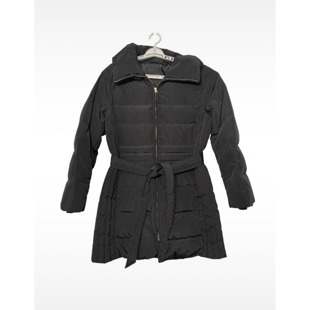 Talbots Black Down Puffer Coat Belted Gold Double Zipper Funnel Neck Large